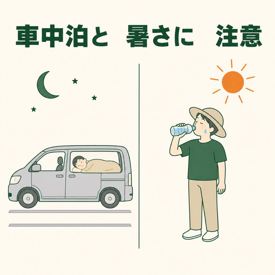 車中泊と暑さに注意。夜の車中泊と、日中の強い日差しから体を守る
