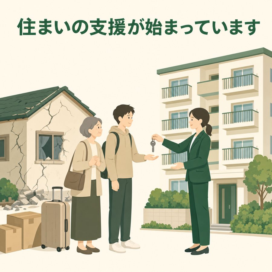 住まいの支援が始まっています。被災した家族が新しい住まいの鍵を受け取る