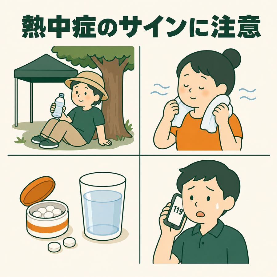あついとき の サインに 気をつける。ひかげと ぼうしを つかう。くびを ひやす。水と しおを とる。あぶない ときは 119ばんに でんわする。