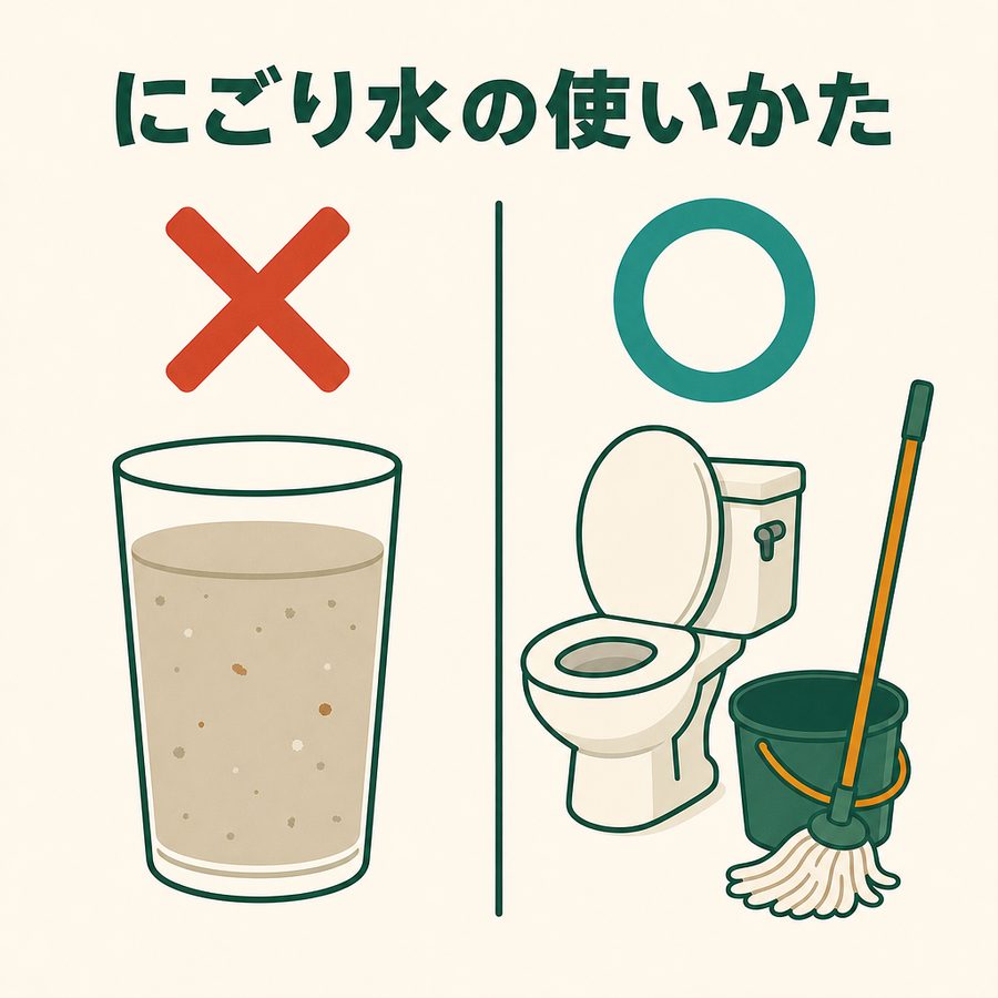 にごり水の使いかた。飲むのはバツ、トイレやそうじに使うのはマル