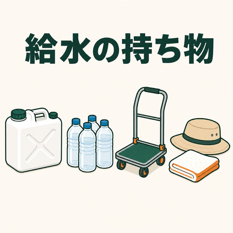 給水の持ち物。ふた付きポリタンク、ペットボトル、キャリーカート、帽子とタオル