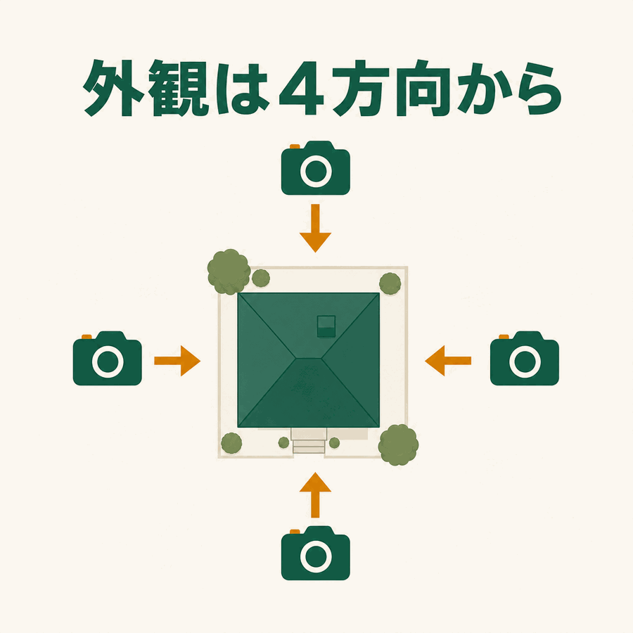 外観は4方向から。家を上から見た図で、前・後ろ・左・右の4方向から撮影する位置を示す図解