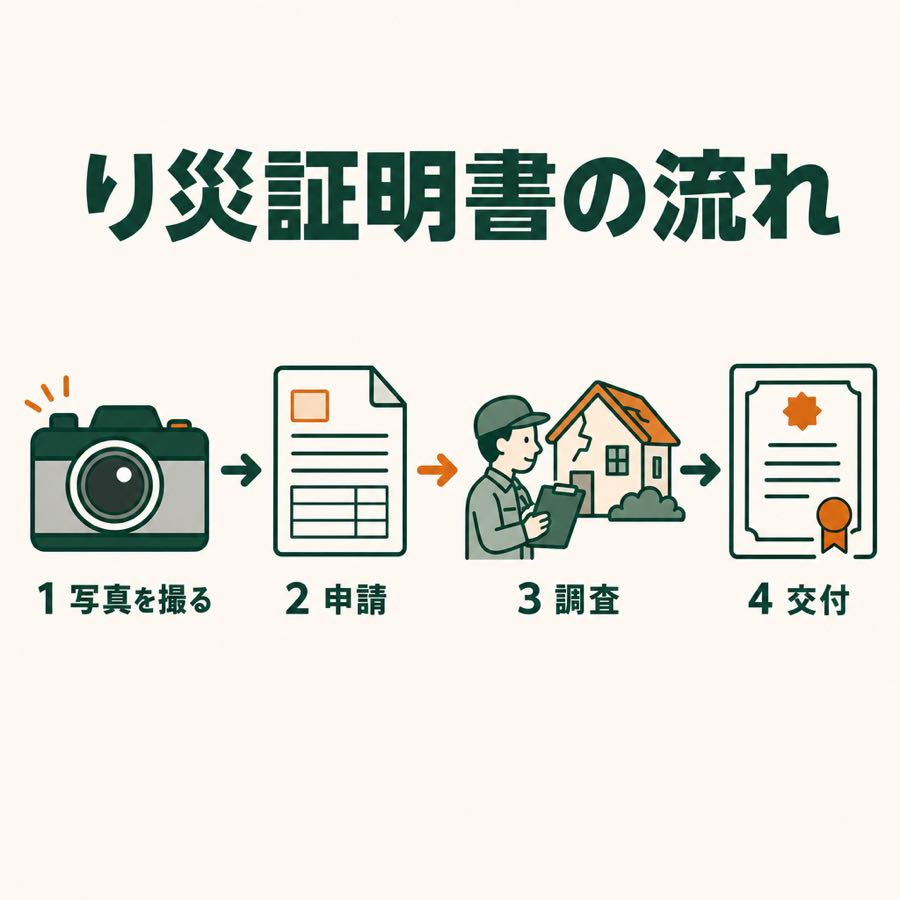 り災証明書の流れ。1 写真を撮る、2 申請、3 調査、4 交付