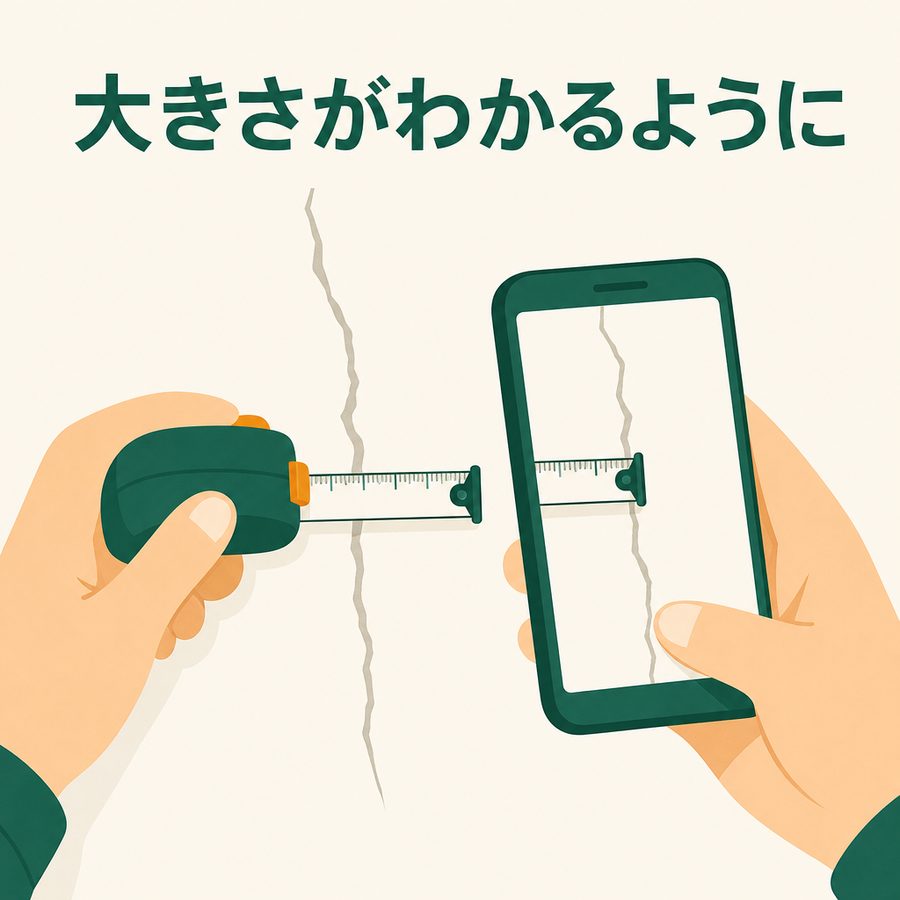 大きさがわかるように。壁のひび割れの横にメジャーを当てて撮影する例