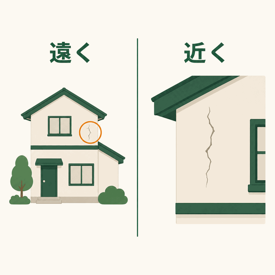 遠くと近くの2枚セット。左は壁全体の中でひびの場所が分かる1枚、右はひびに近づいた1枚