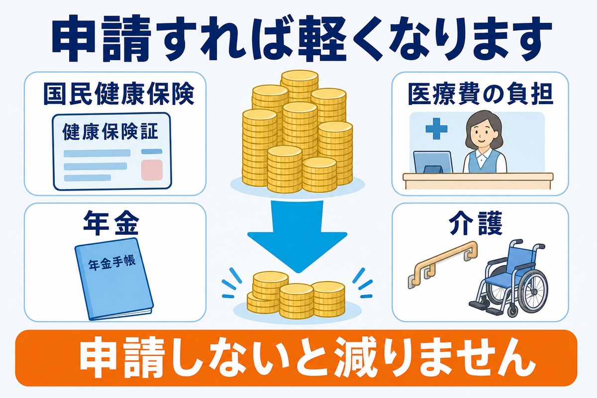 通常の申請で負担が軽くなる制度を示す図解。国民健康保険、医療費の負担、年金、介護の4つ