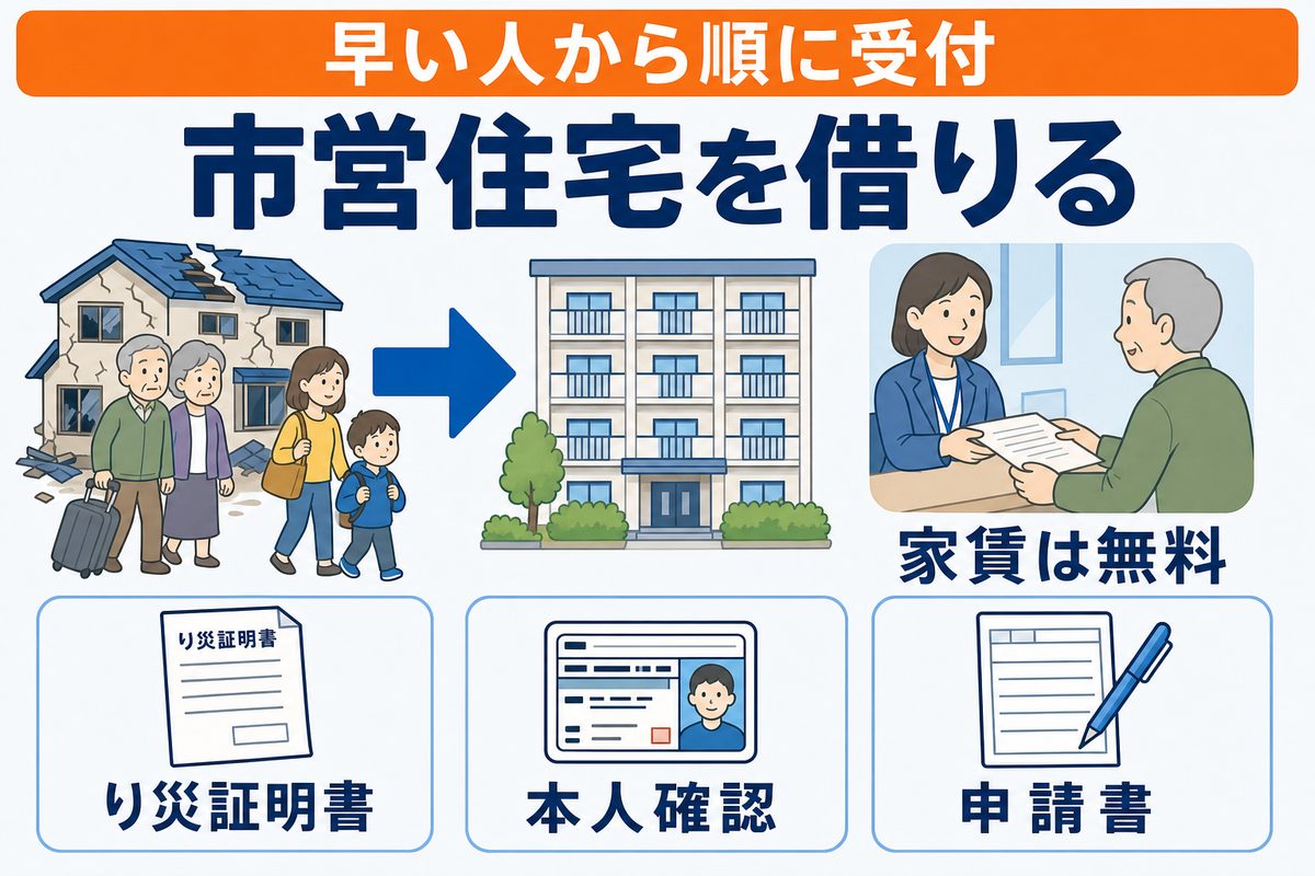 市営住宅を借りる流れの図解。こわれた家から市営住宅へ移り、窓口で申し込む。持ち物はり災証明書、本人確認、申請書の3つで、家賃は無料
